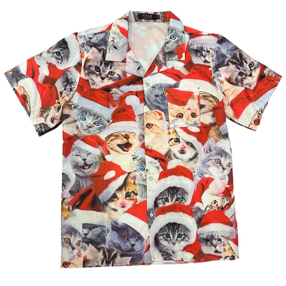 Men’s SSLR Collection Christmas Cats Kittens Button Down S/S Shirt Size Small - Picture 2 of 6